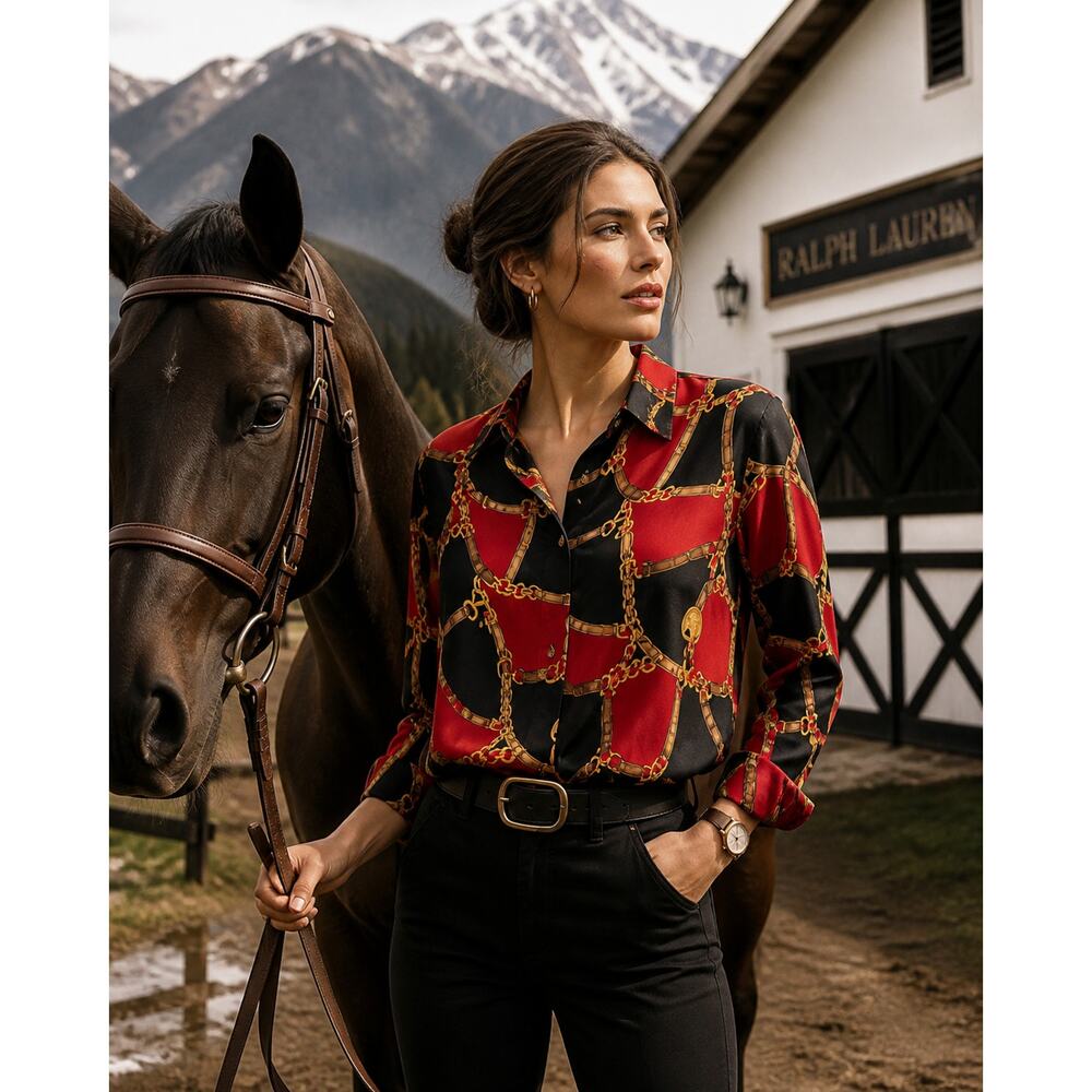 Vintage Ralph Lauren Silk Equestrian Chain Blouse P/S small